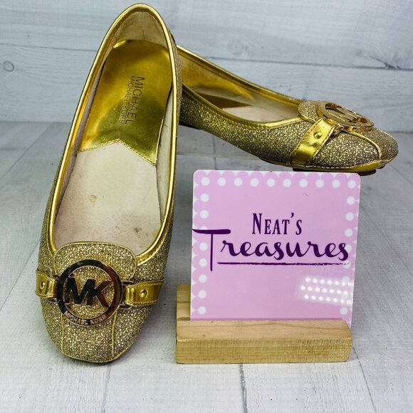 Michael Kors FULTON Gold Glitter Logo Flat Ballet Driving Loafer Shoes Sz 6.5 M - Picture 1 of 15
